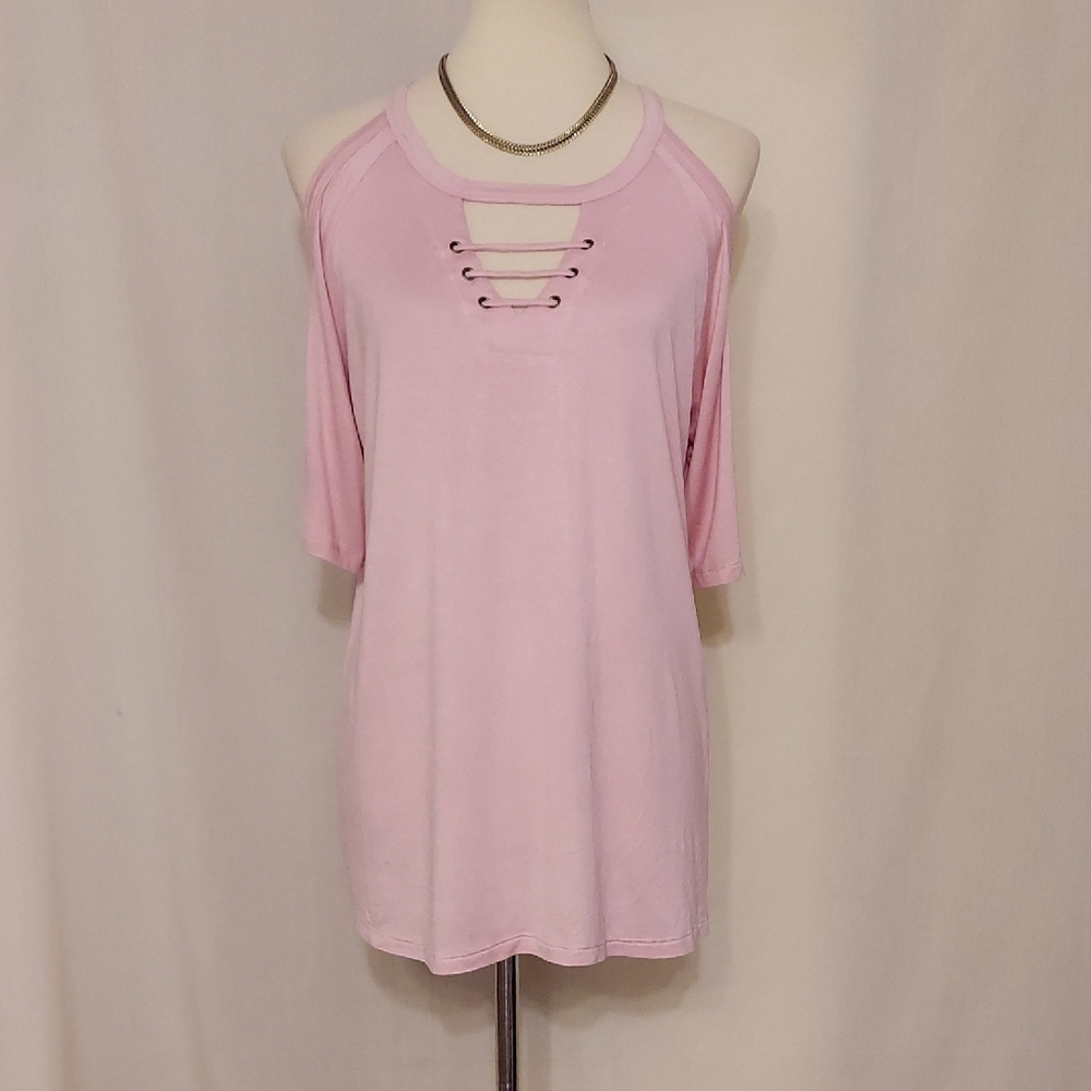 Extra Touch Pink Cold Shoulder Short Sleeve Lace-up Front Top
